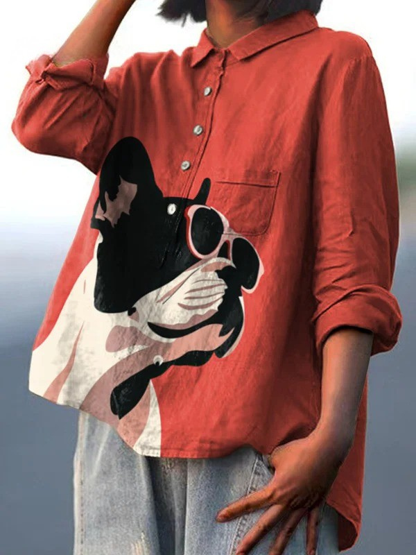 Decorative Pattern of French Bulldog Wearing Sunglasses Casual Shirt