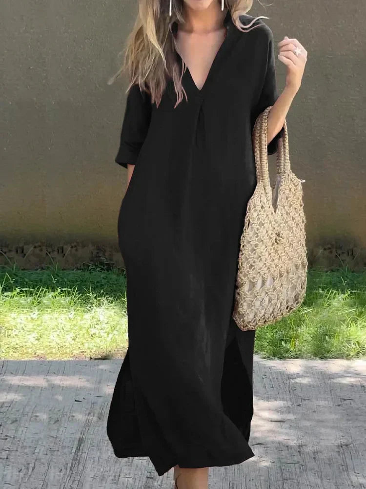 Annabelle | Solid Linen Dress with V-Neck and Pocket