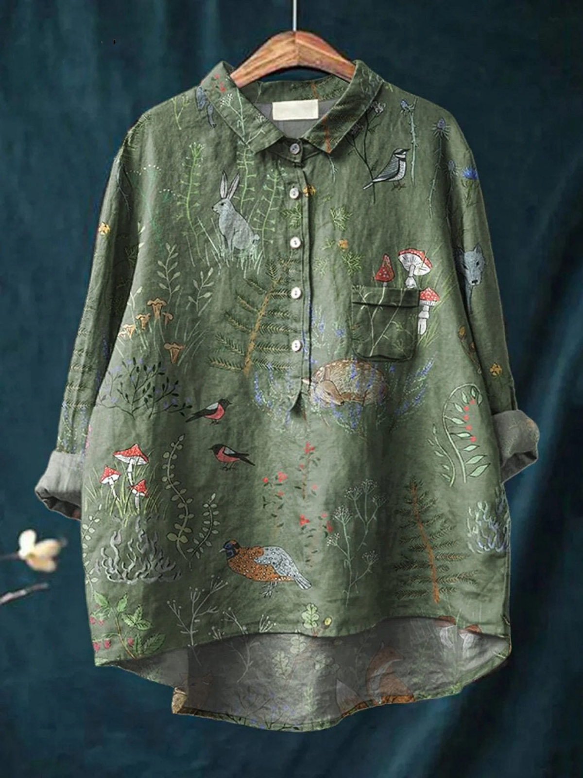 Woodland And Animals Repeat Pattern Printed Women's Casual  Shirt