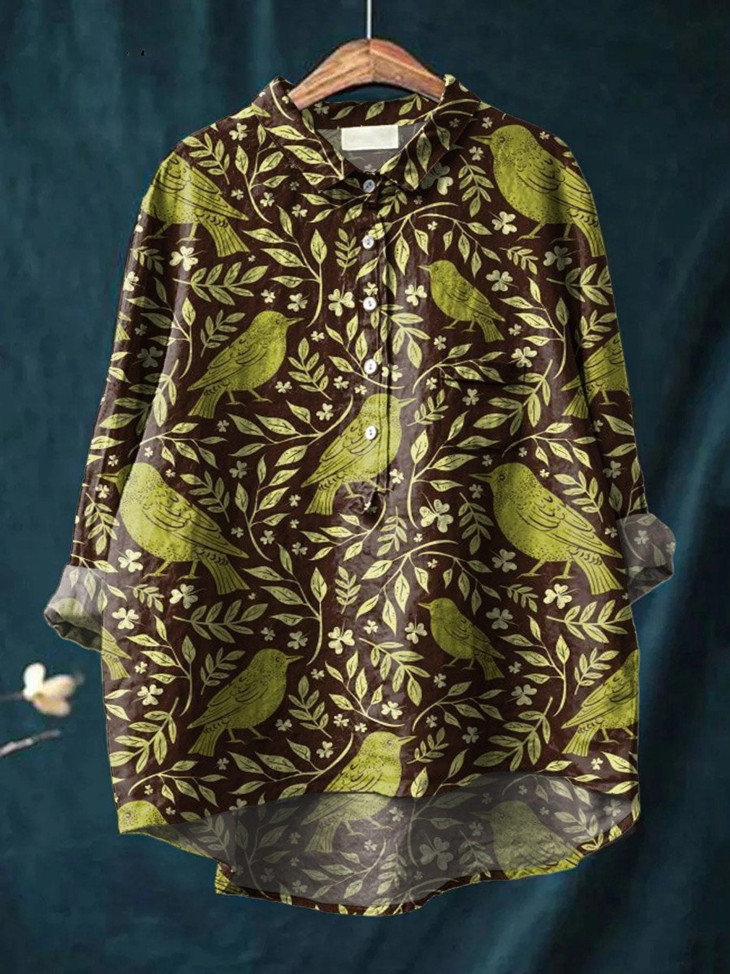 Women's Vintage Floral Birds Art Print Casual Cotton And Linen Shirt