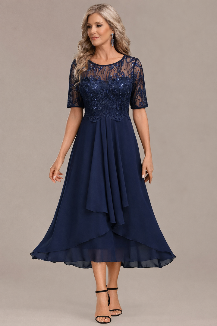 Camille | Elegant Lace Sleeve Round Neck Dress