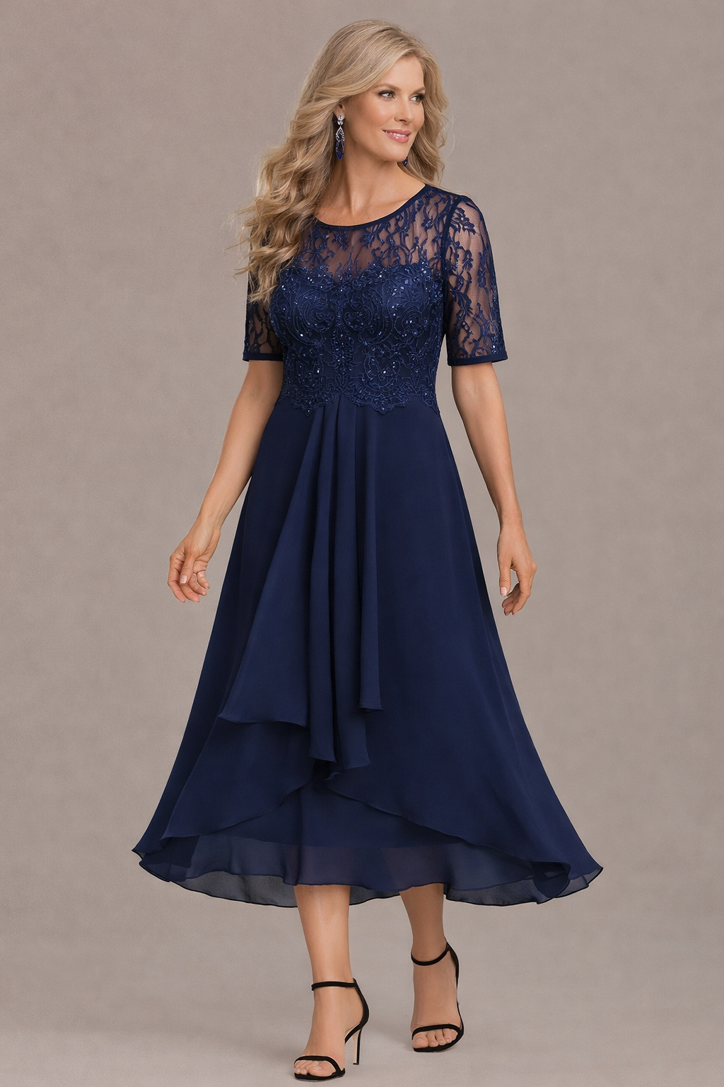 Camille | Elegant Lace Sleeve Round Neck Dress