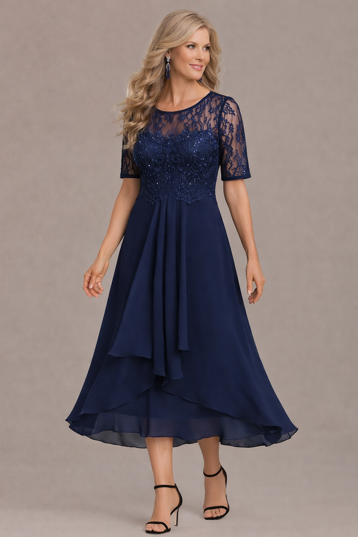 Camille | Elegant Lace Sleeve Round Neck Dress