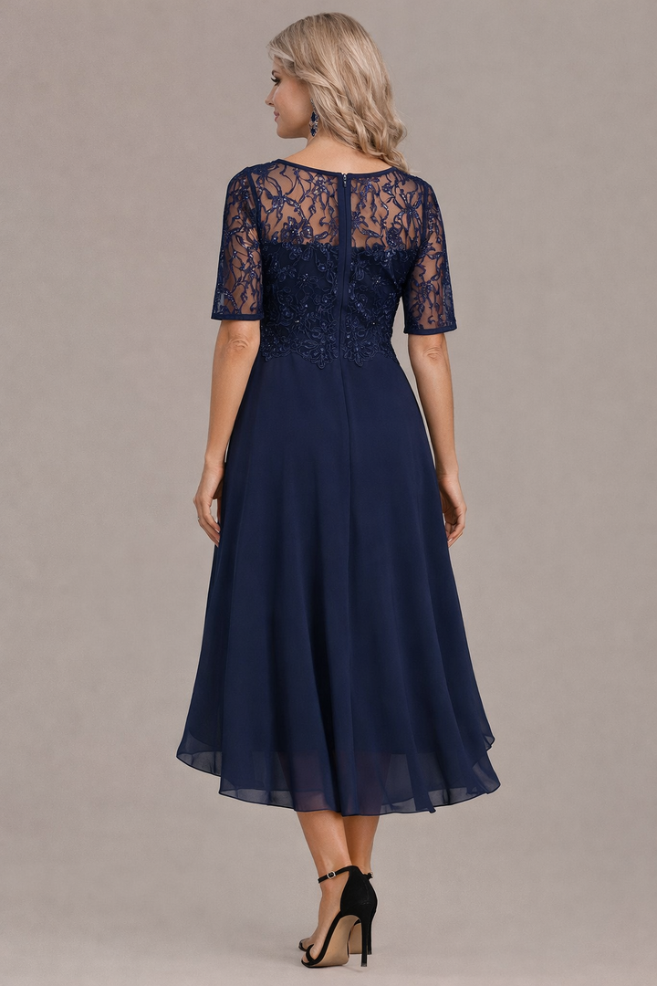 Camille | Elegant Lace Sleeve Round Neck Dress