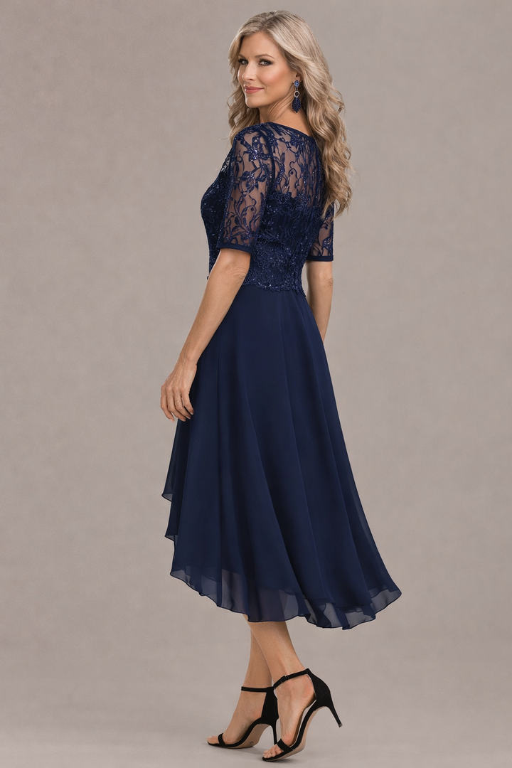 Camille | Elegant Lace Sleeve Round Neck Dress