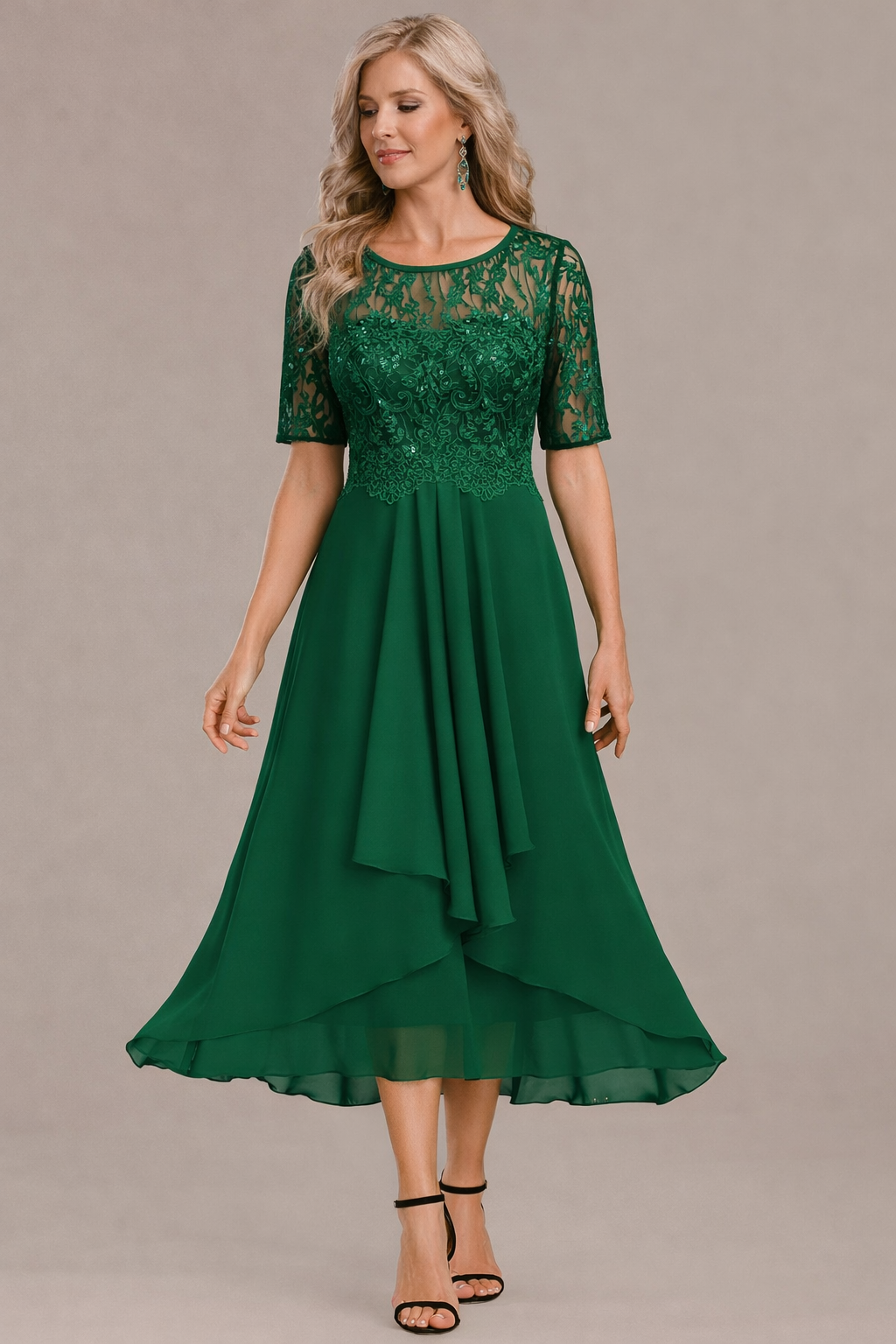 Camille | Elegant Lace Sleeve Round Neck Dress