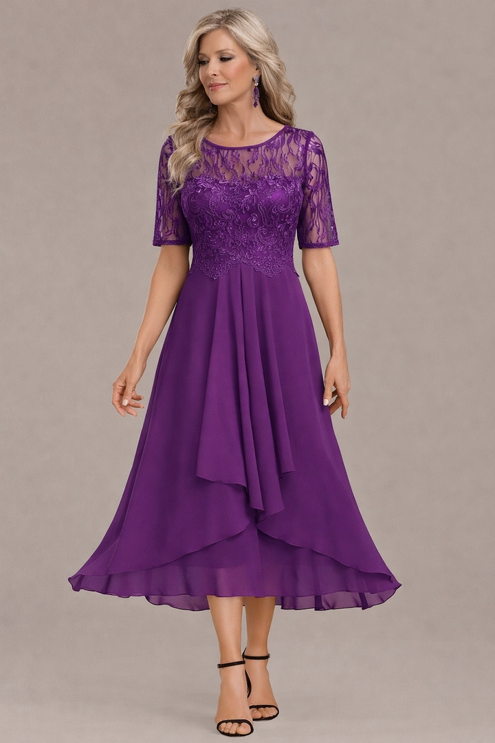 Camille | Elegant Lace Sleeve Round Neck Dress