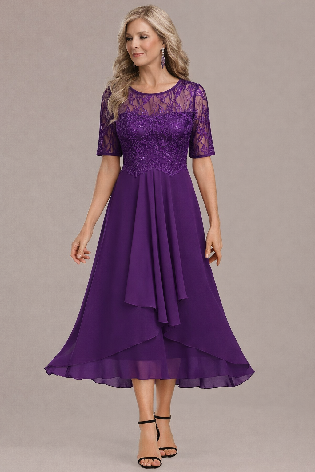 Camille | Elegant Lace Sleeve Round Neck Dress