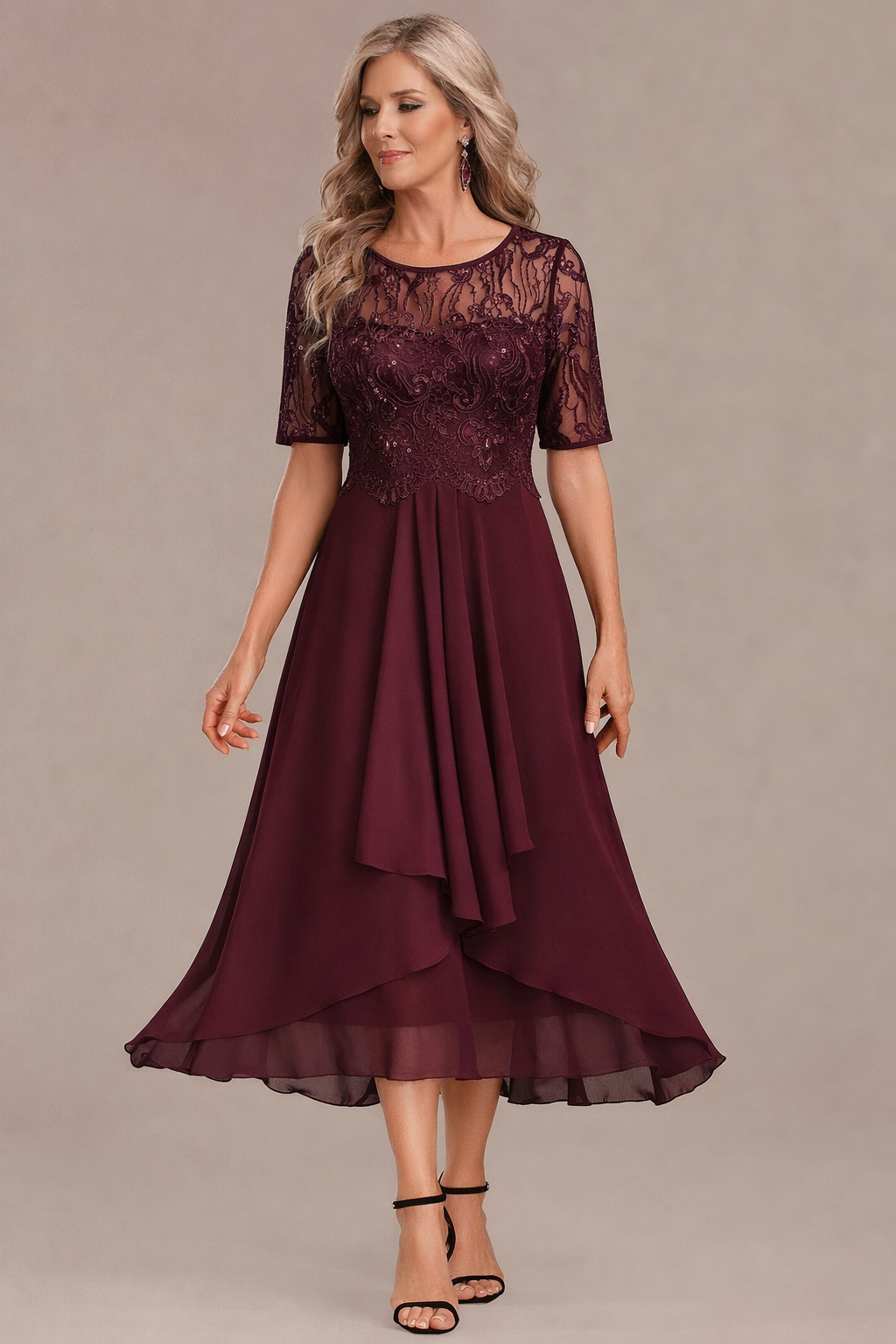 Camille | Elegant Lace Sleeve Round Neck Dress