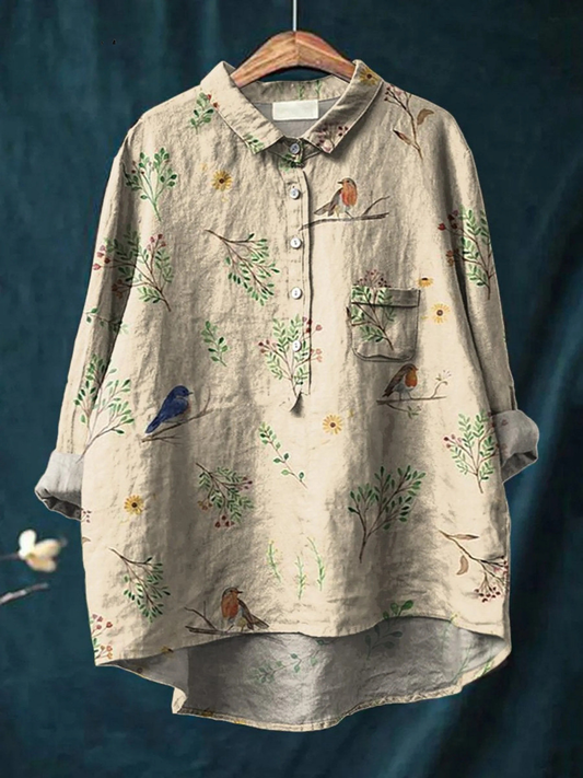 Boughs And Robin Birds Pattern Printed Women's Casual  Shirt