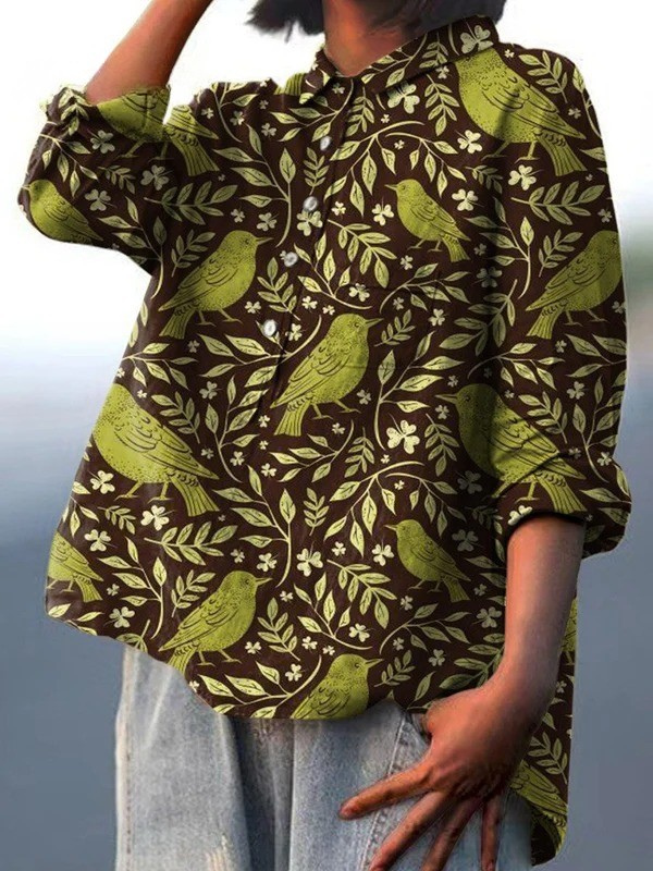 Women's Vintage Floral Birds Art Print Casual Cotton And Linen Shirt