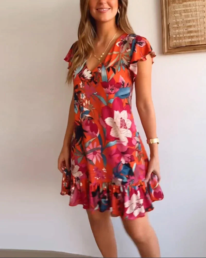 Rosalind | Floral Dress with V-Neck and Ruffles