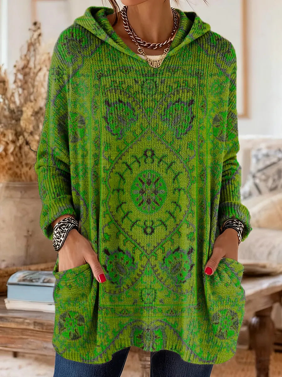 Sage | Retro Ethnic Print Hooded Knit Tunic with Pockets