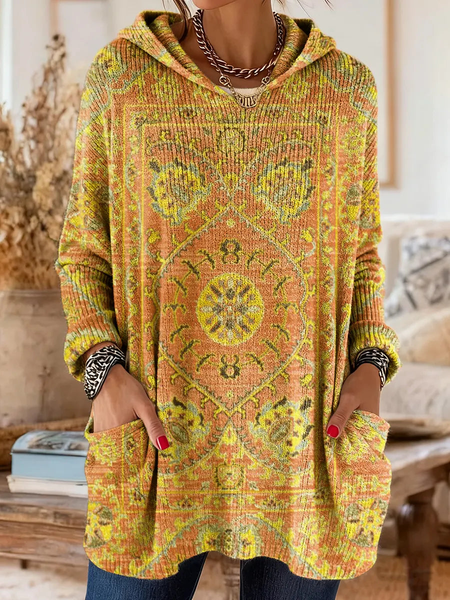 Sage | Retro Ethnic Print Hooded Knit Tunic with Pockets