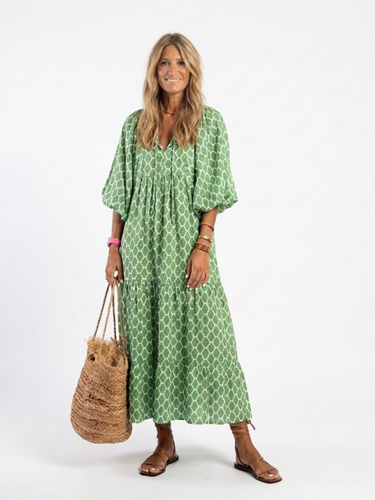 Apolline | Robe Midi à Manches Trois Quarts et Décolleté en V à Motifs