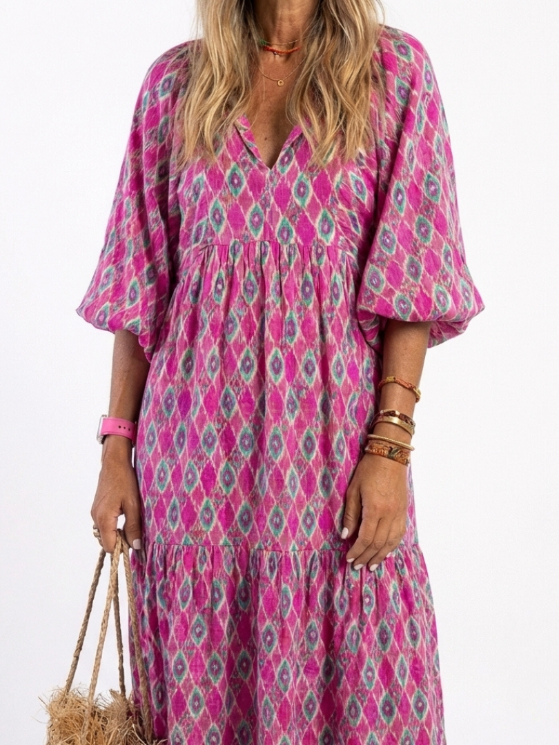 Apolline | Robe Midi à Manches Trois Quarts et Décolleté en V à Motifs