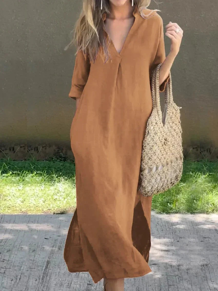 Annabelle | Solid Linen Dress with V-Neck and Pocket