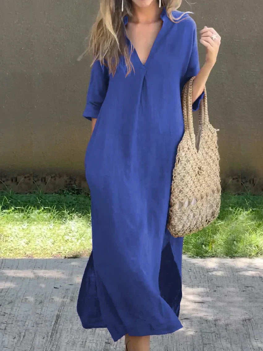 Annabelle | Solid Linen Dress with V-Neck and Pocket