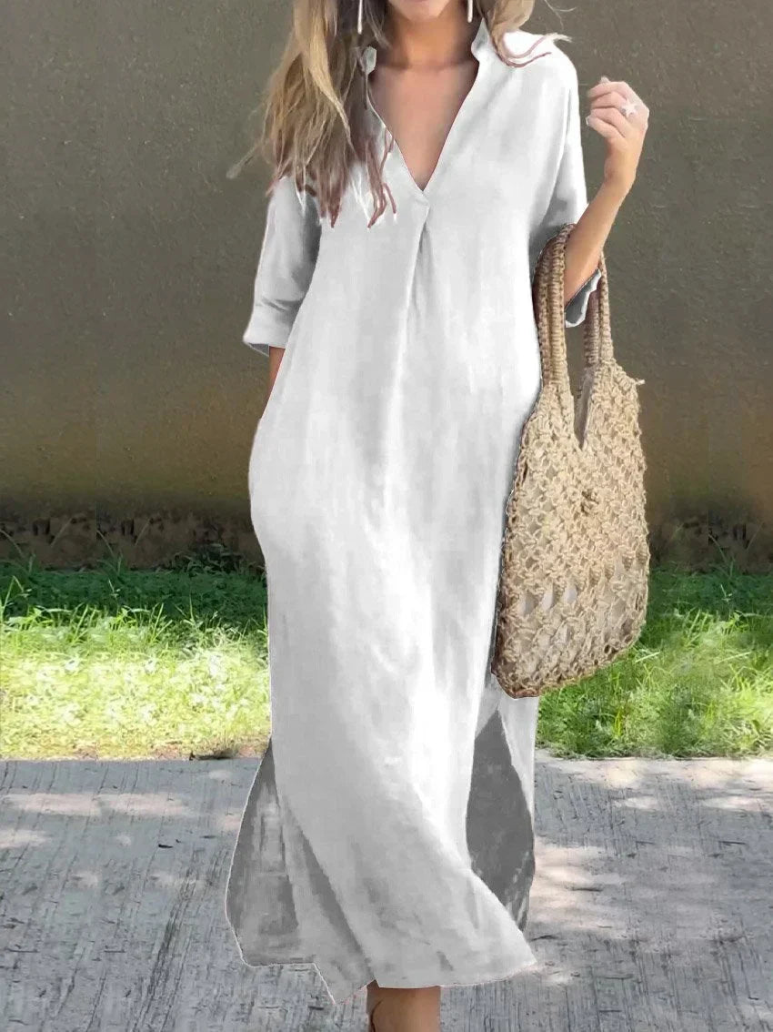 Annabelle | Solid Linen Dress with V-Neck and Pocket