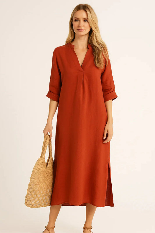Annabelle | Solid Linen Dress with V-Neck and Pocket
