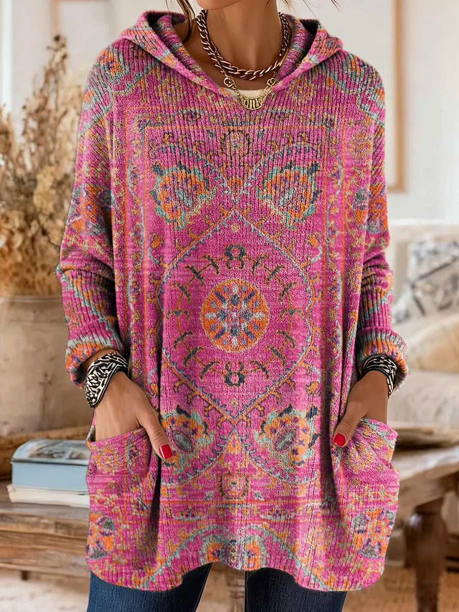 Sage | Retro Ethnic Print Hooded Knit Tunic with Pockets
