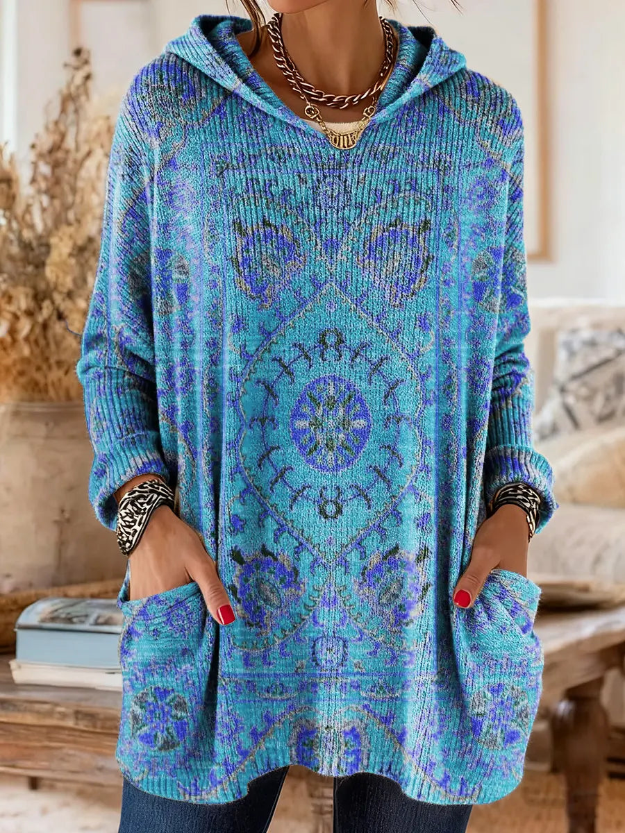 Sage | Retro Ethnic Print Hooded Knit Tunic with Pockets