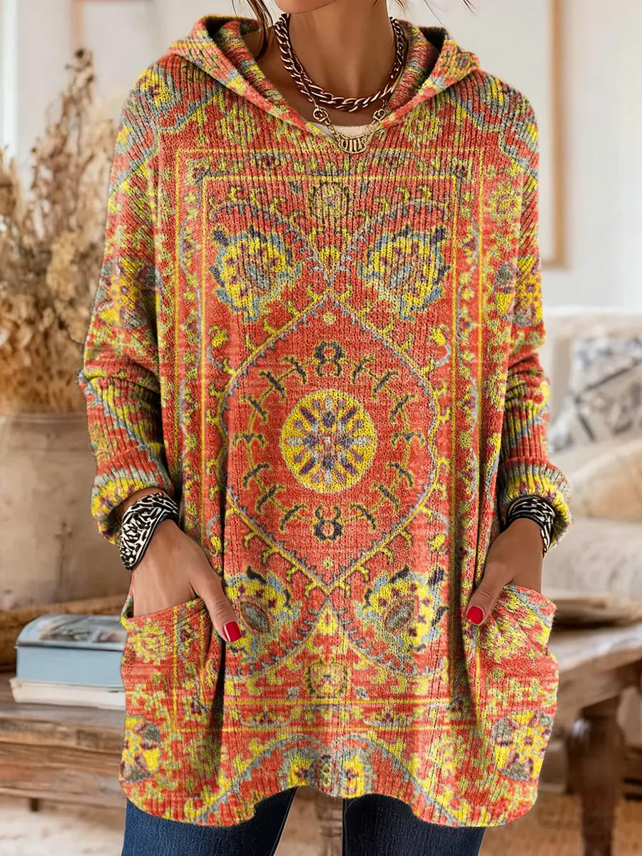 Sage | Retro Ethnic Print Hooded Knit Tunic with Pockets