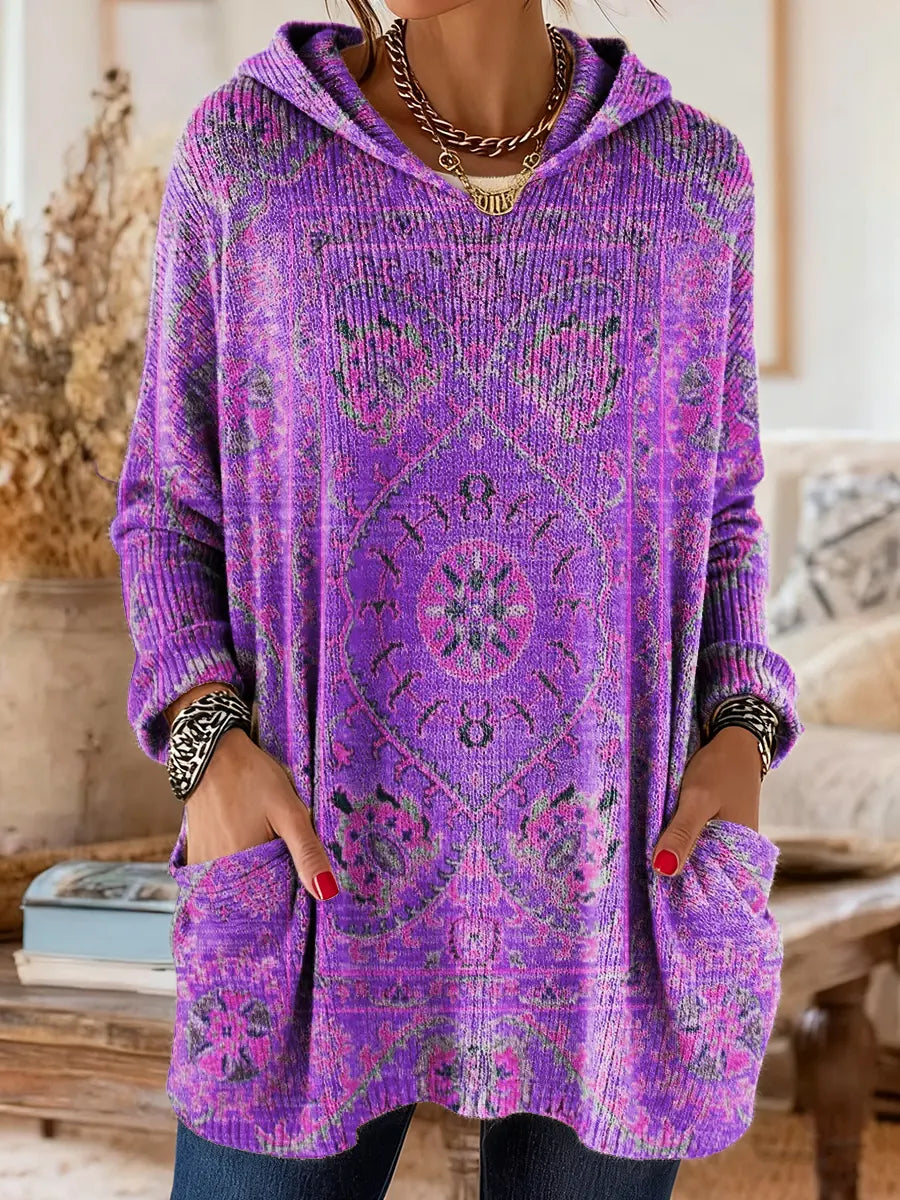 Sage | Retro Ethnic Print Hooded Knit Tunic with Pockets