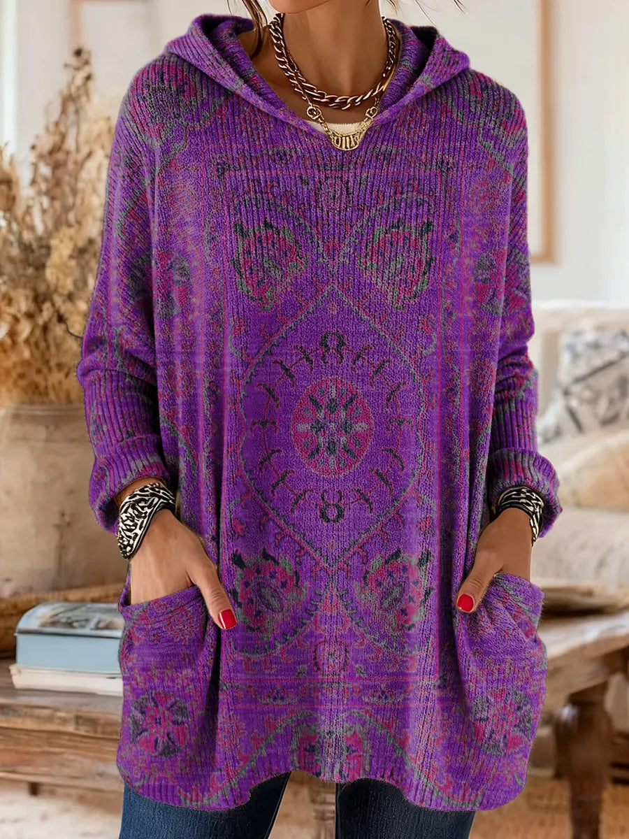Sage | Retro Ethnic Print Hooded Knit Tunic with Pockets